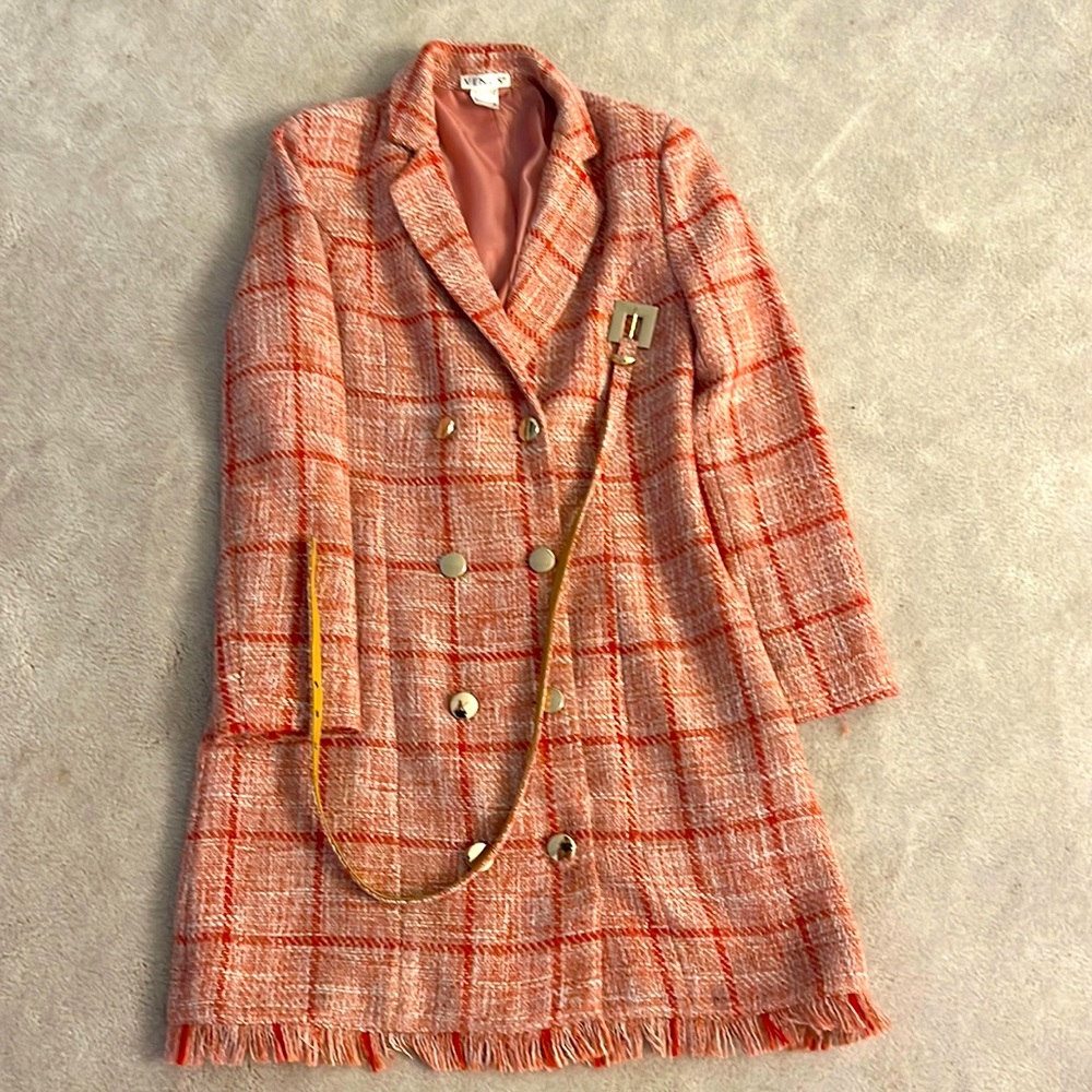 Tweed pink coat dress with gold buttons
